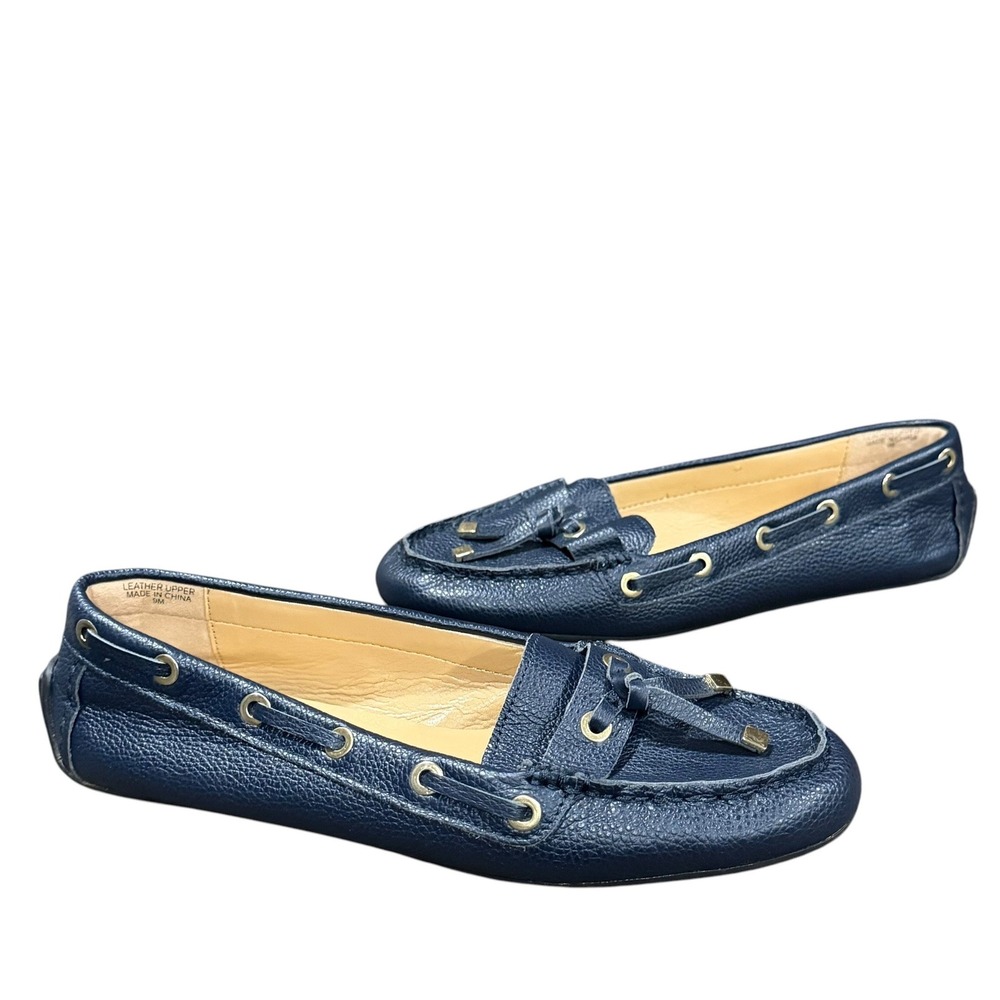 Talbots Loafers Womens 9M Navy Blue Pebbled Leather Driving Flats Bow Detail